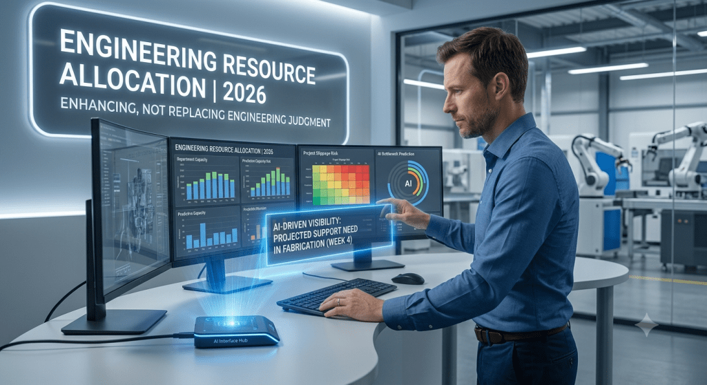 Engineering manager reviewing an AI-driven predictive capacity dashboard
